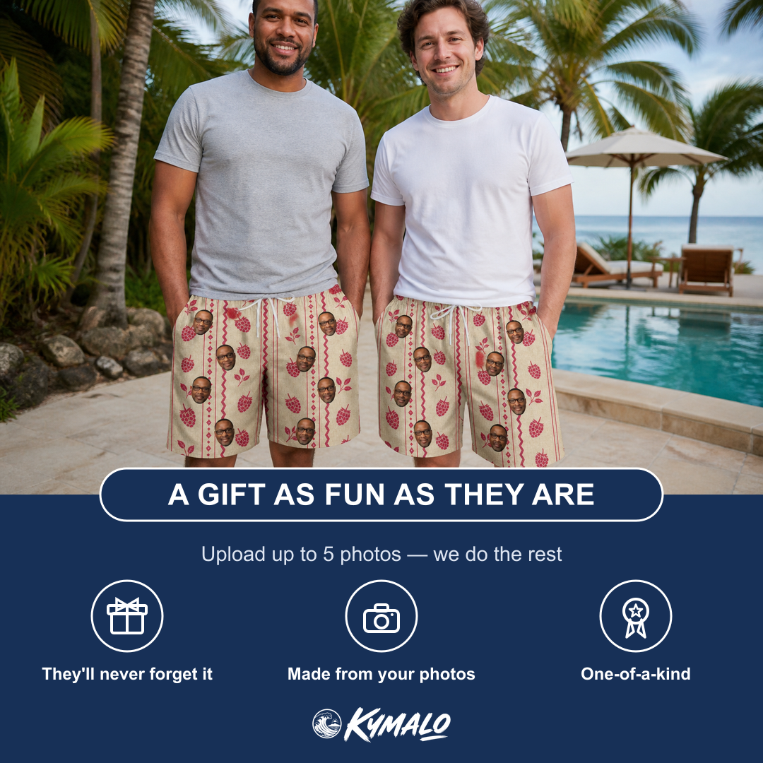 Friends in matching Men's Brambly Bounce Custom Face Beach Shorts — a group gift photo