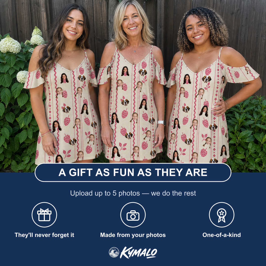 Friends in matching Women's Brambly Bounce Custom Face Off-Shoulder Dress — a group gift photo