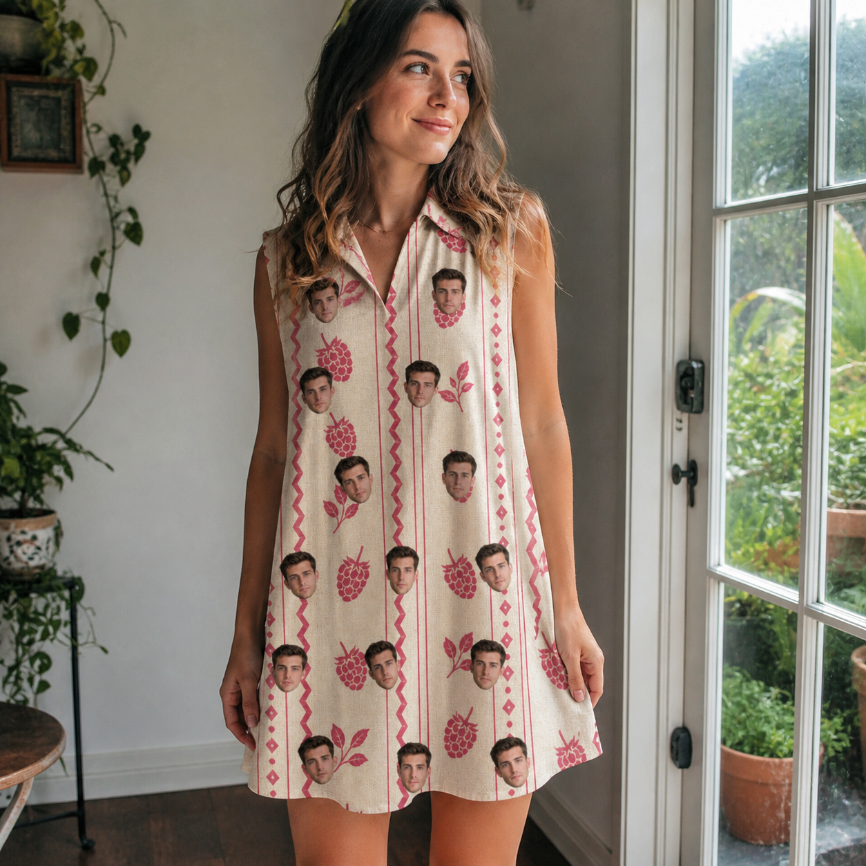 Real-life photo of someone wearing Women's Brambly Bounce Custom Face V-Neck Dress — custom faces printed all-over
