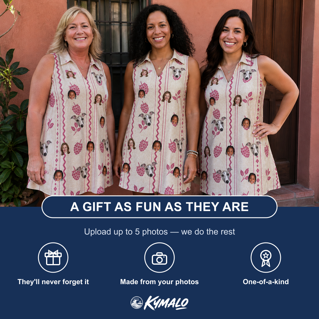 Friends in matching Women's Brambly Bounce Custom Face V-Neck Dress — a group gift photo