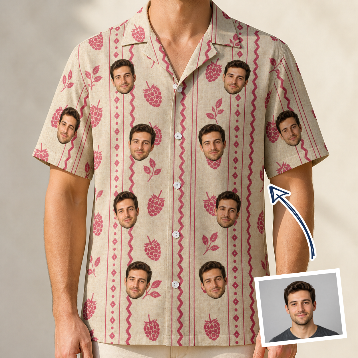 Man wearing Men's Brambly Bounce Custom Face Hawaiian Shirt — custom faces printed all-over