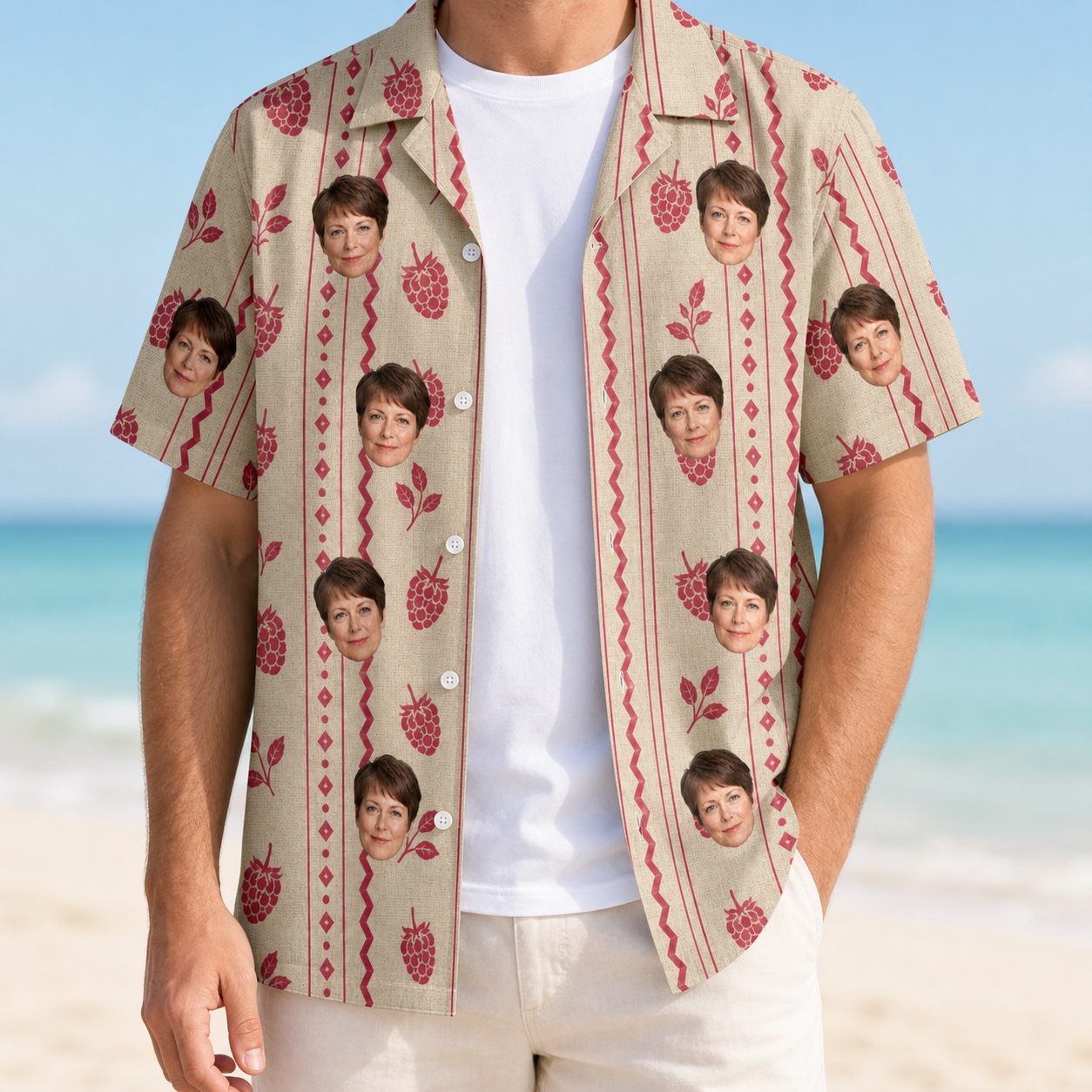 Man wearing Men's Brambly Bounce Custom Face Hawaiian Shirt open over a white tee