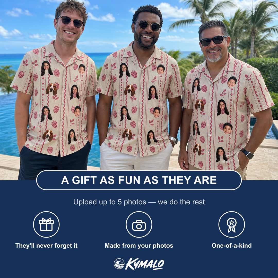 Friends in matching Men's Brambly Bounce Custom Face Hawaiian Shirt — a group gift photo