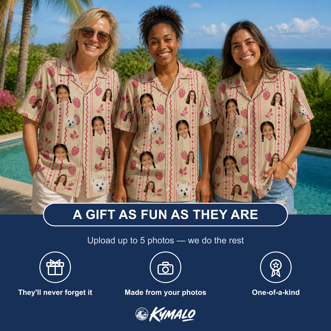 Friends in matching Women's Brambly Bounce Custom Face Hawaiian Shirt — a group gift photo