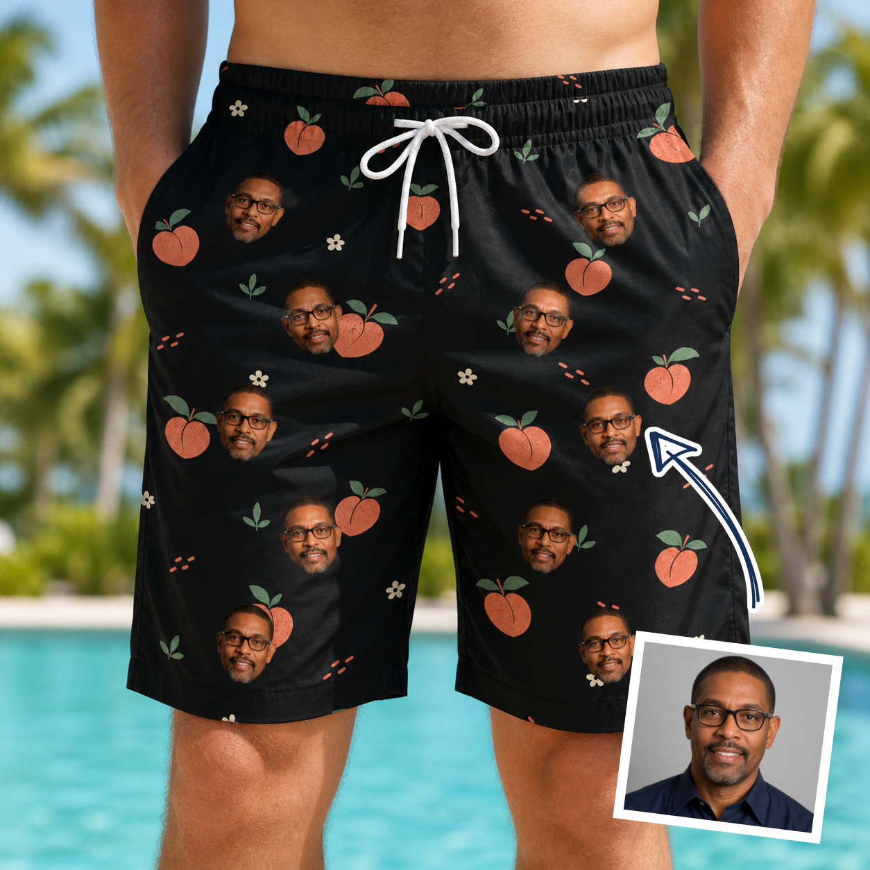Man wearing Men's Peach Please Custom Face Beach Shorts — custom faces printed all-over