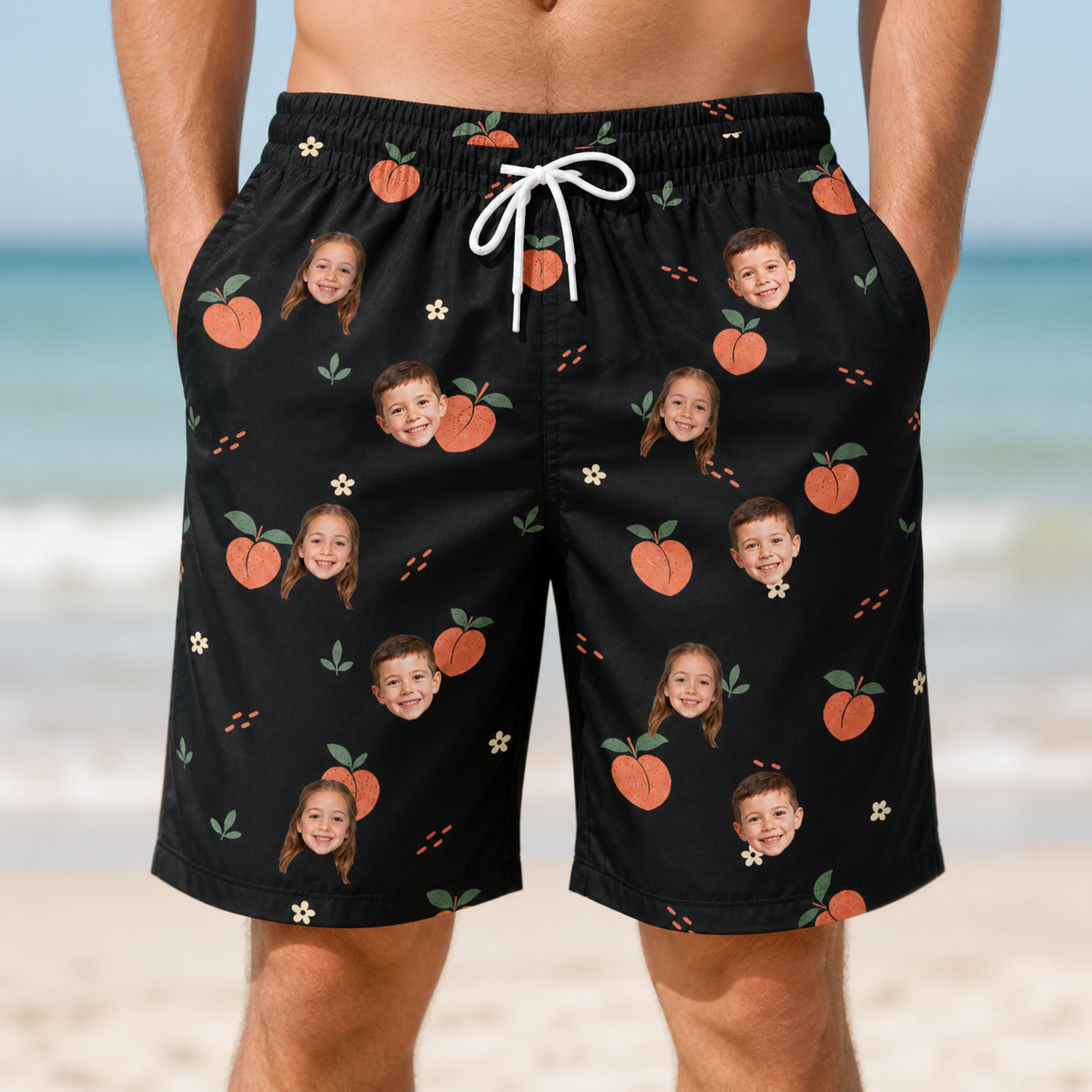Model wearing Men's Peach Please Custom Face Beach Shorts printed with kids' faces