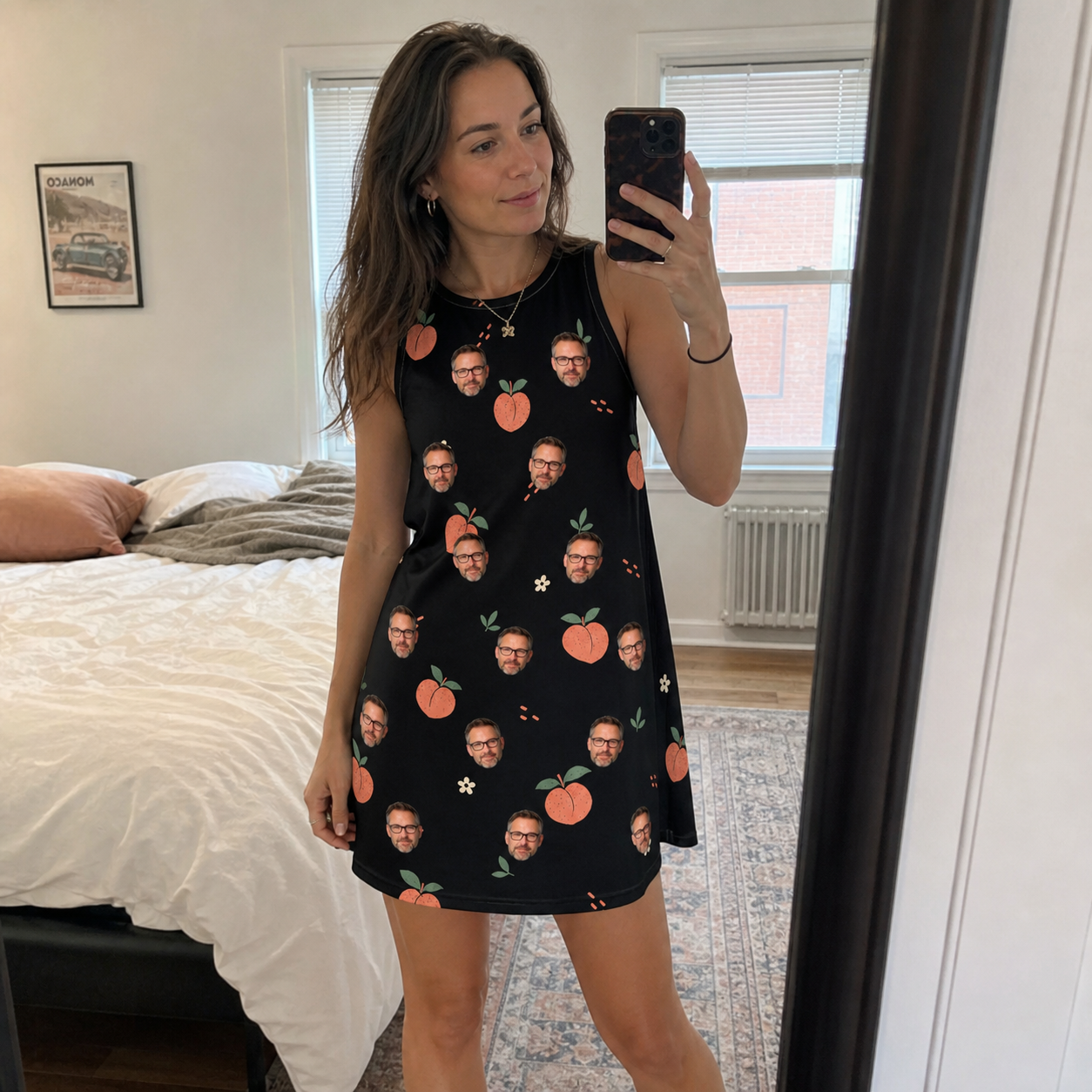 Real-life photo of someone wearing Women's Peach Please Custom Face Tank Dress — custom faces printed all-over