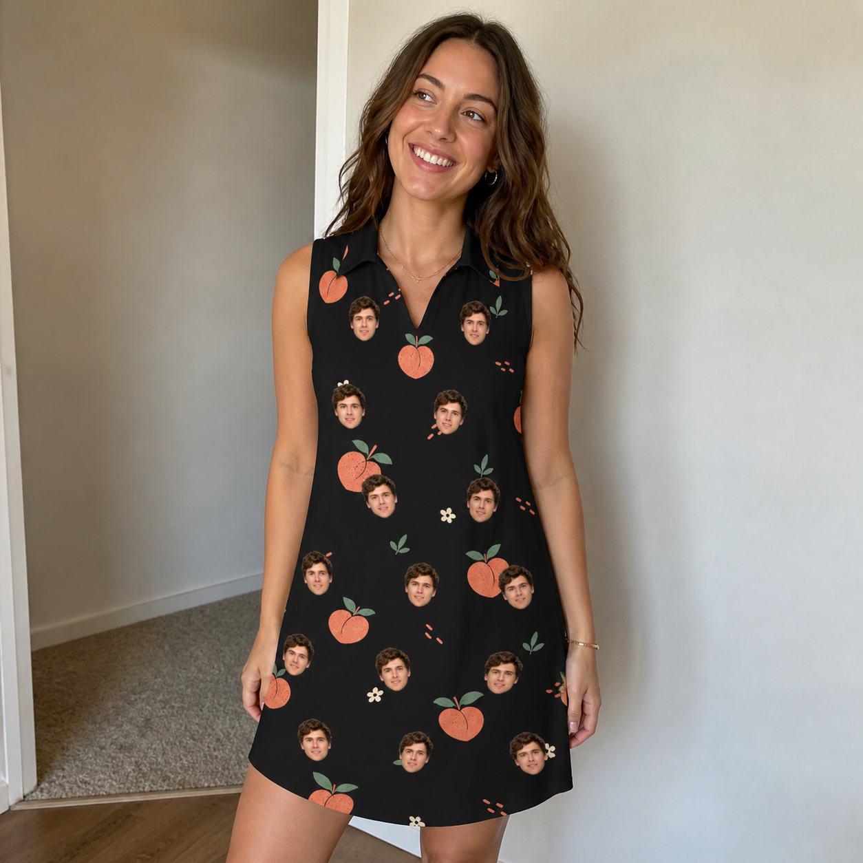 Real-life photo of someone wearing Women's Peach Please Custom Face V-Neck Dress — custom faces printed all-over