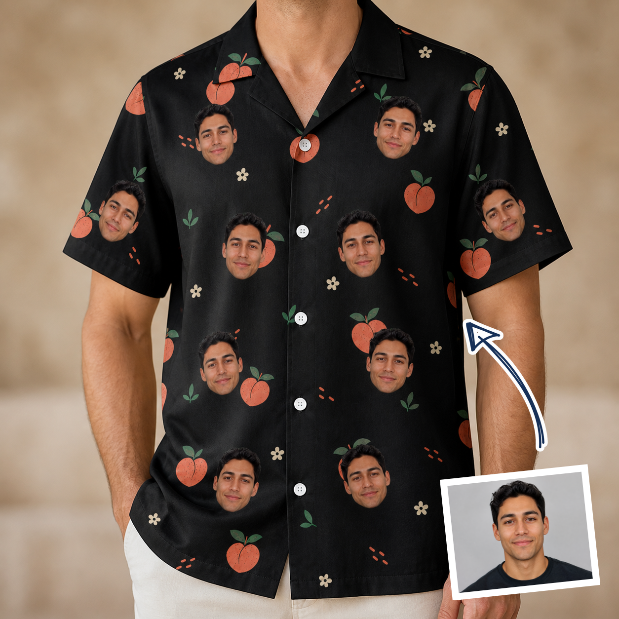 Man wearing Men's Peach Please Custom Face Hawaiian Shirt — custom faces printed all-over