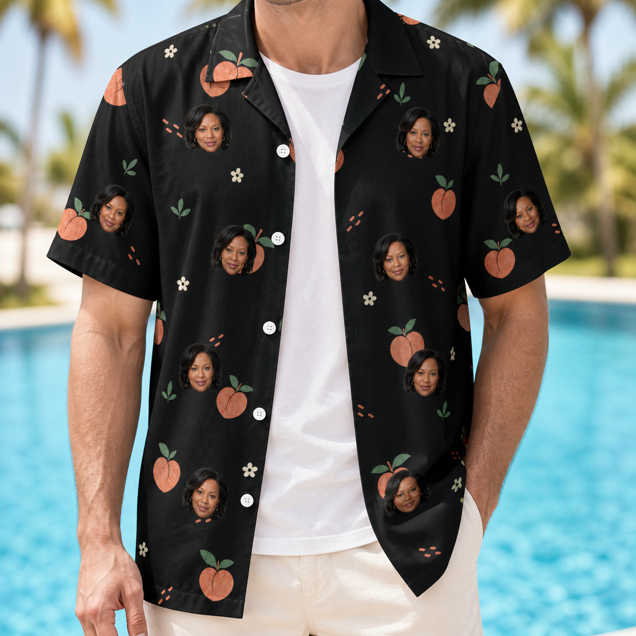 Man wearing Men's Peach Please Custom Face Hawaiian Shirt open over a white tee