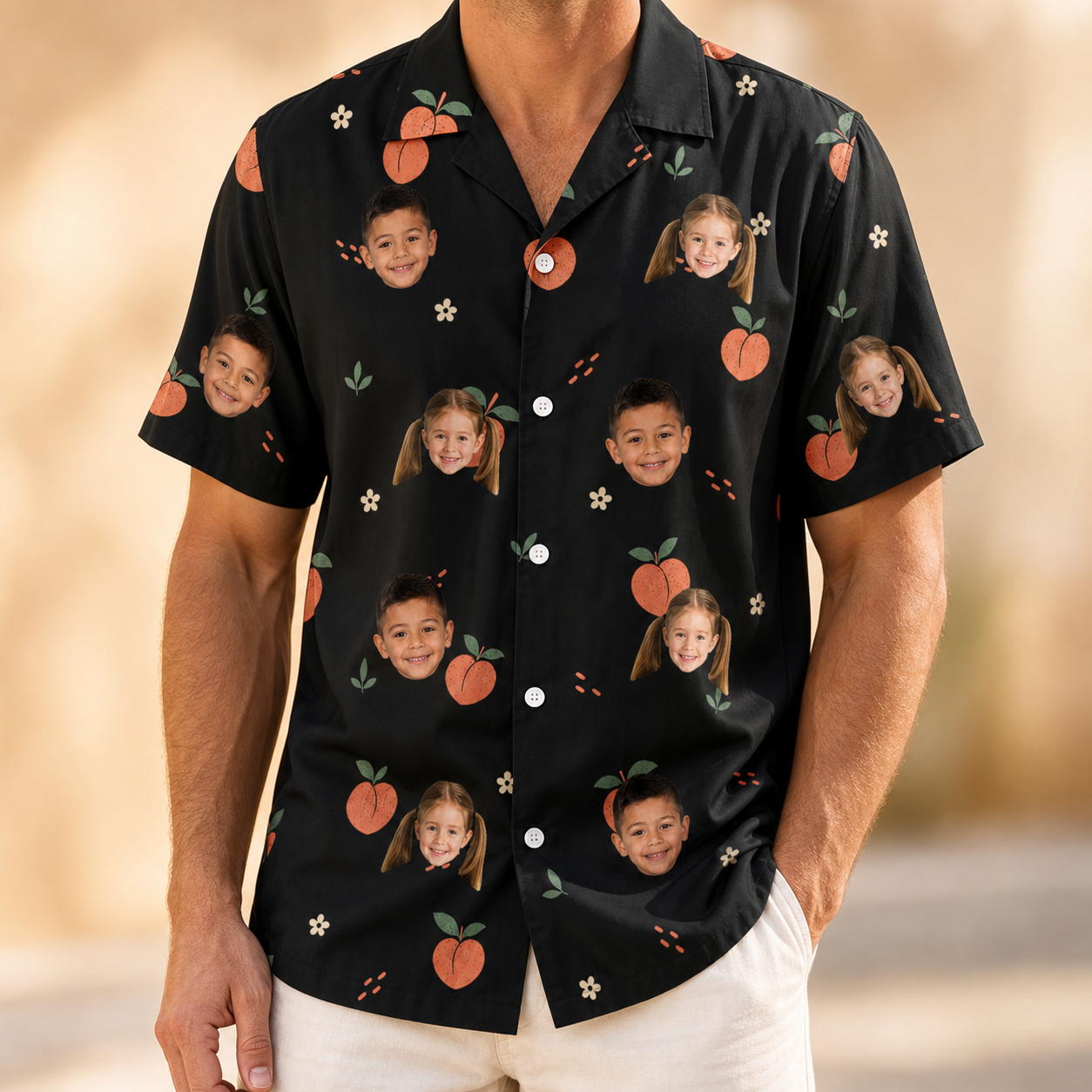 Model wearing Men's Peach Please Custom Face Hawaiian Shirt printed with kids' faces
