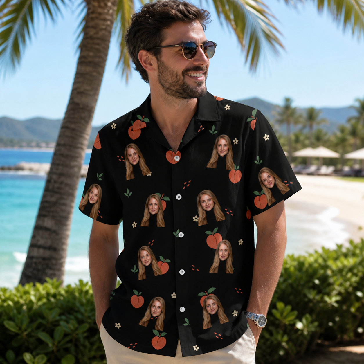 Real-life photo of someone wearing Men's Peach Please Custom Face Hawaiian Shirt — custom faces printed all-over