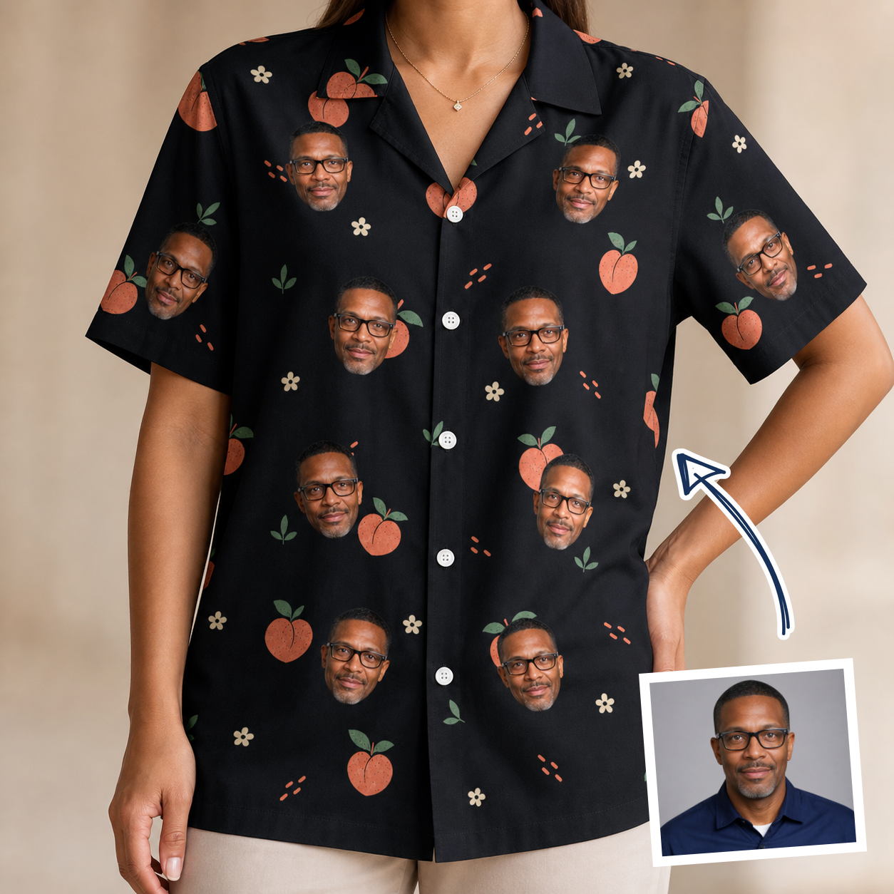 Woman wearing Women's Peach Please Custom Face Hawaiian Shirt — custom faces printed all-over