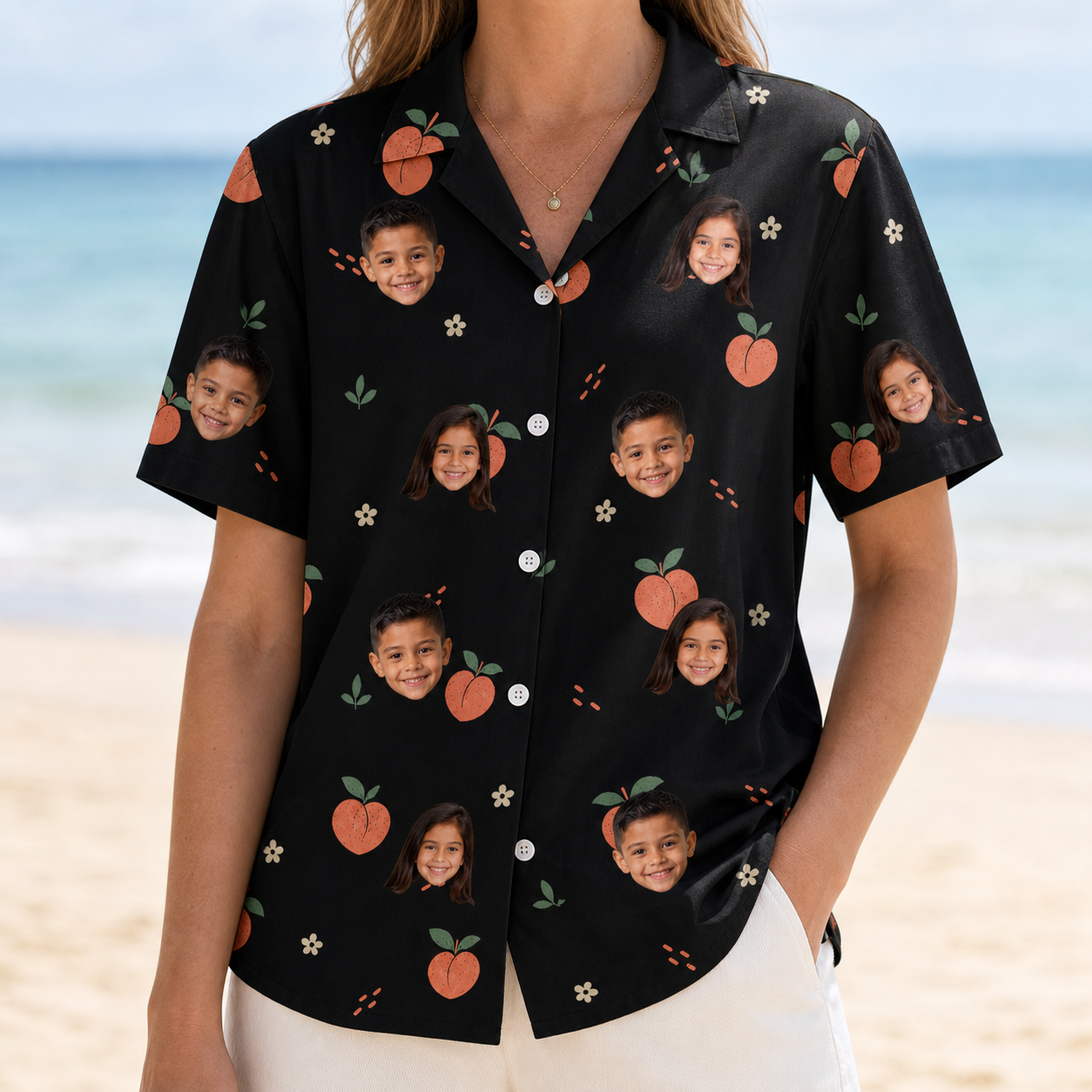 Model wearing Women's Peach Please Custom Face Hawaiian Shirt printed with kids' faces