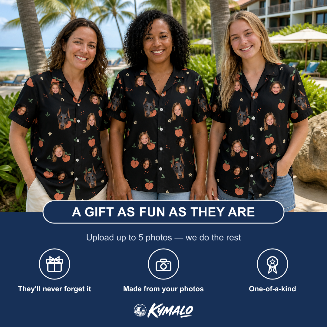 Friends in matching Women's Peach Please Custom Face Hawaiian Shirt — a group gift photo