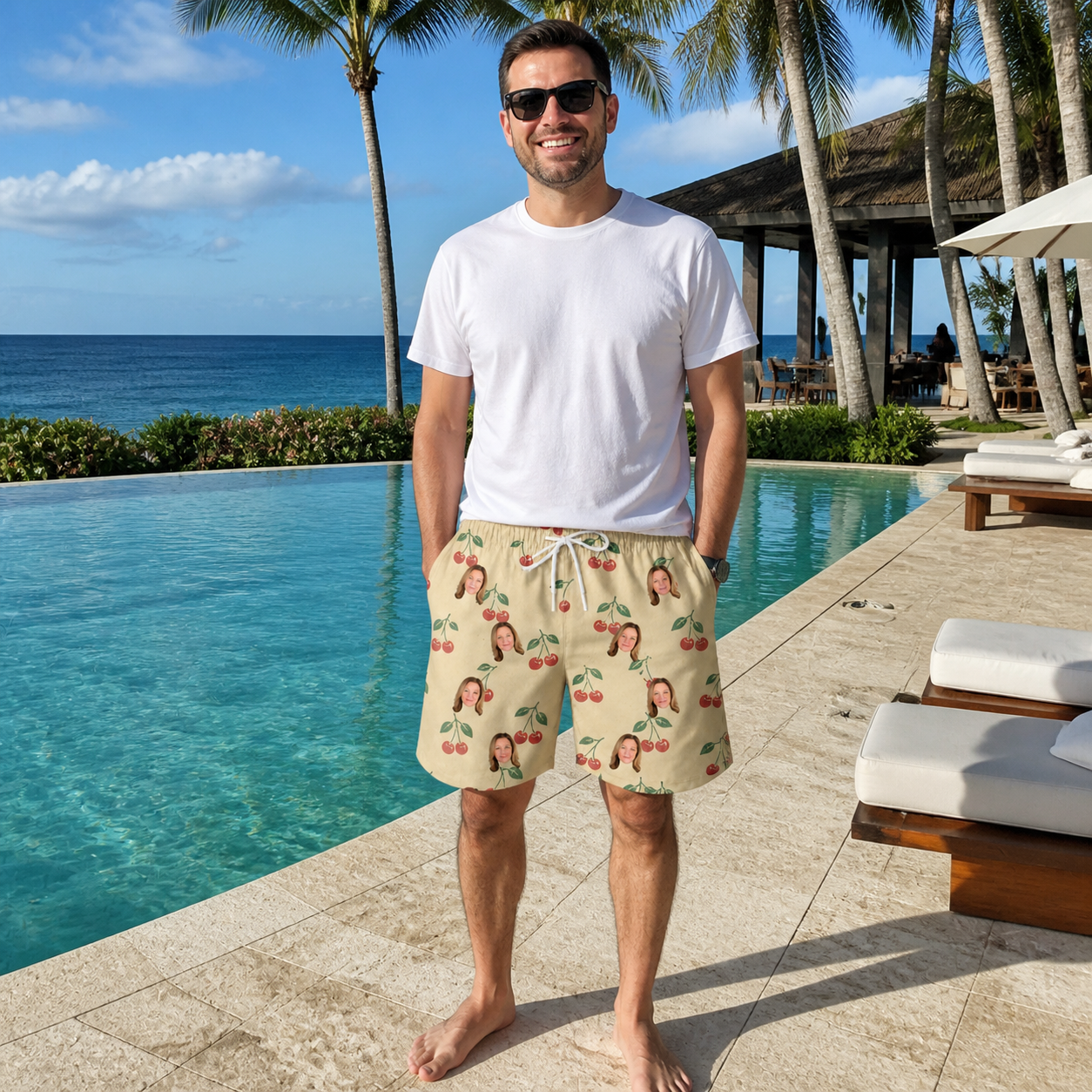 Real-life photo of someone wearing Men's Cherry Chomp Custom Face Beach Shorts — custom faces printed all-over