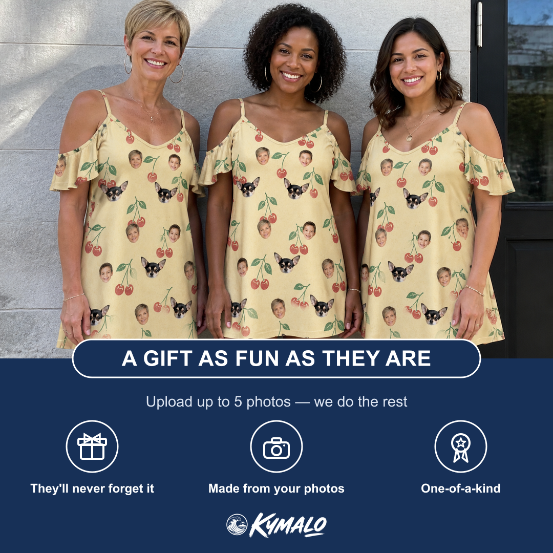 Friends in matching Women's Cherry Chomp Custom Face Off-Shoulder Dress — a group gift photo