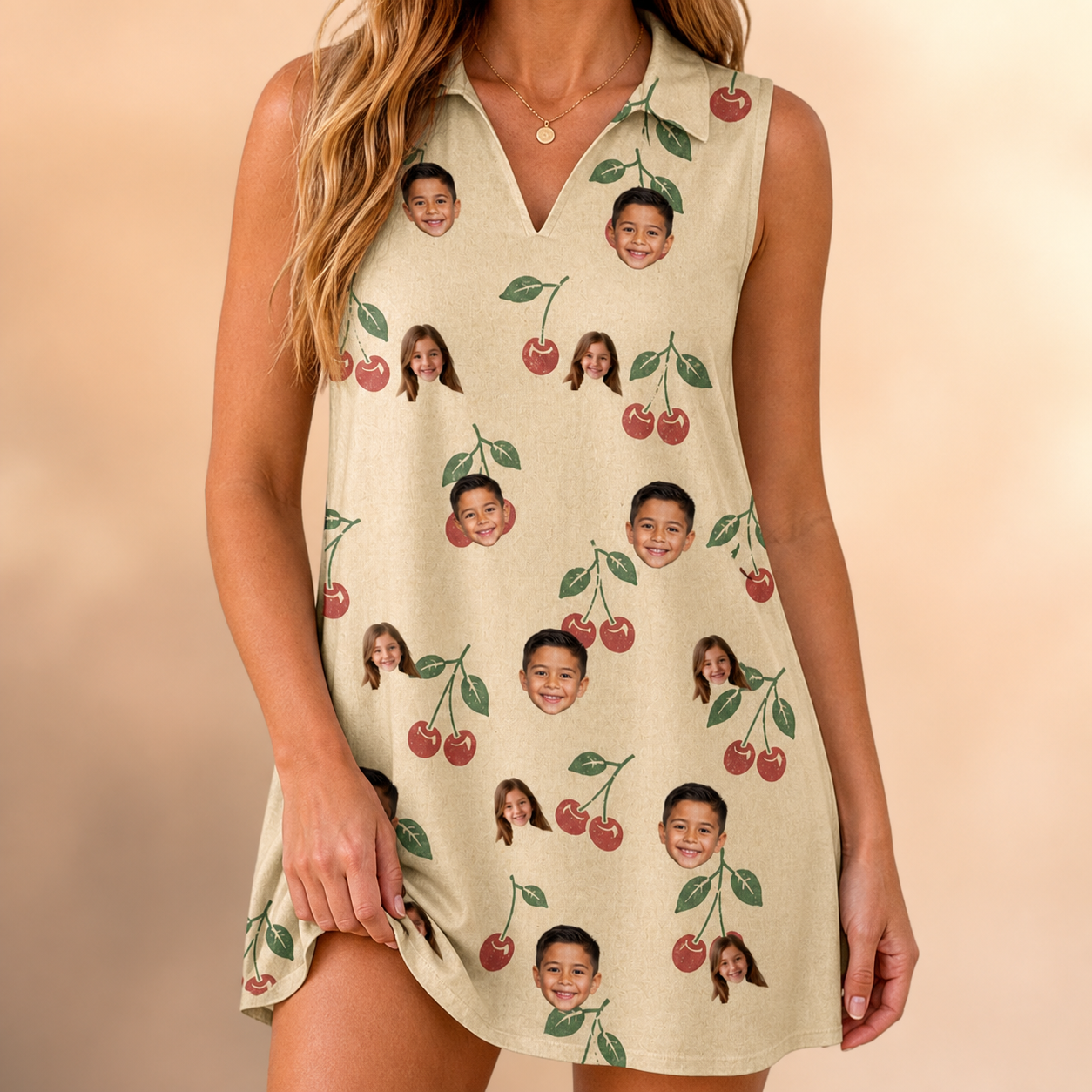 Model wearing Women's Cherry Chomp Custom Face V-Neck Dress printed with kids' faces