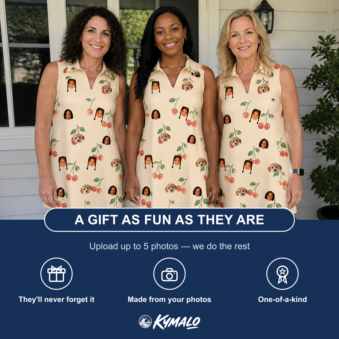 Friends in matching Women's Cherry Chomp Custom Face V-Neck Dress — a group gift photo