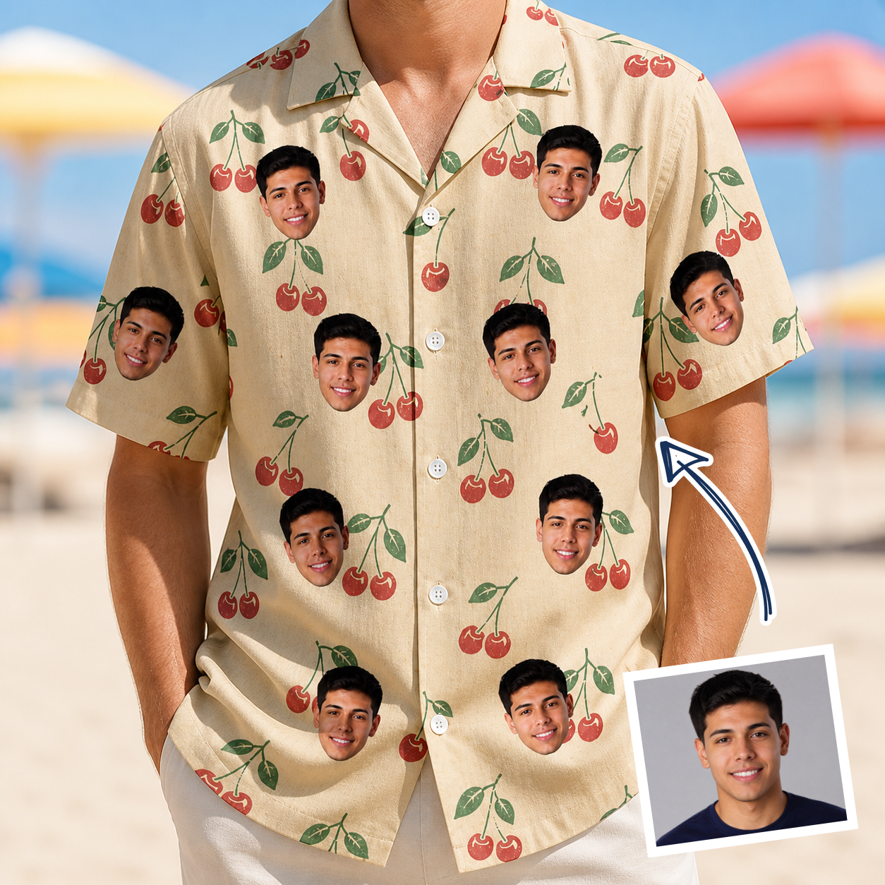 Man wearing Men's Cherry Chomp Custom Face Hawaiian Shirt — custom faces printed all-over
