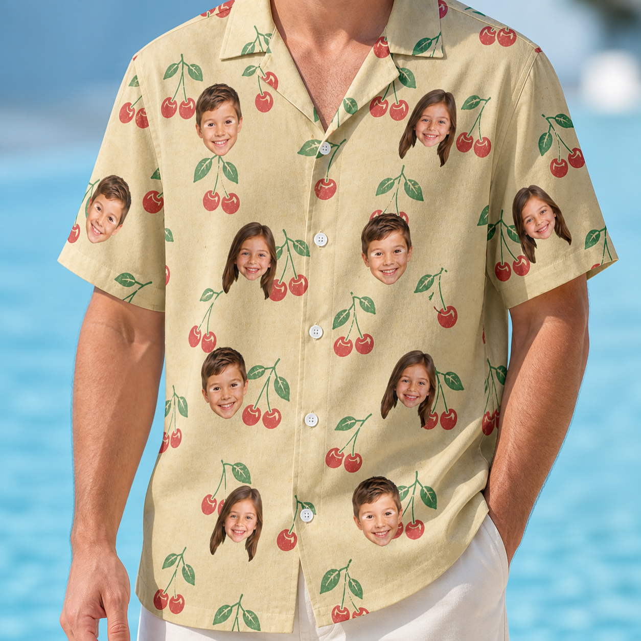Model wearing Men's Cherry Chomp Custom Face Hawaiian Shirt printed with kids' faces