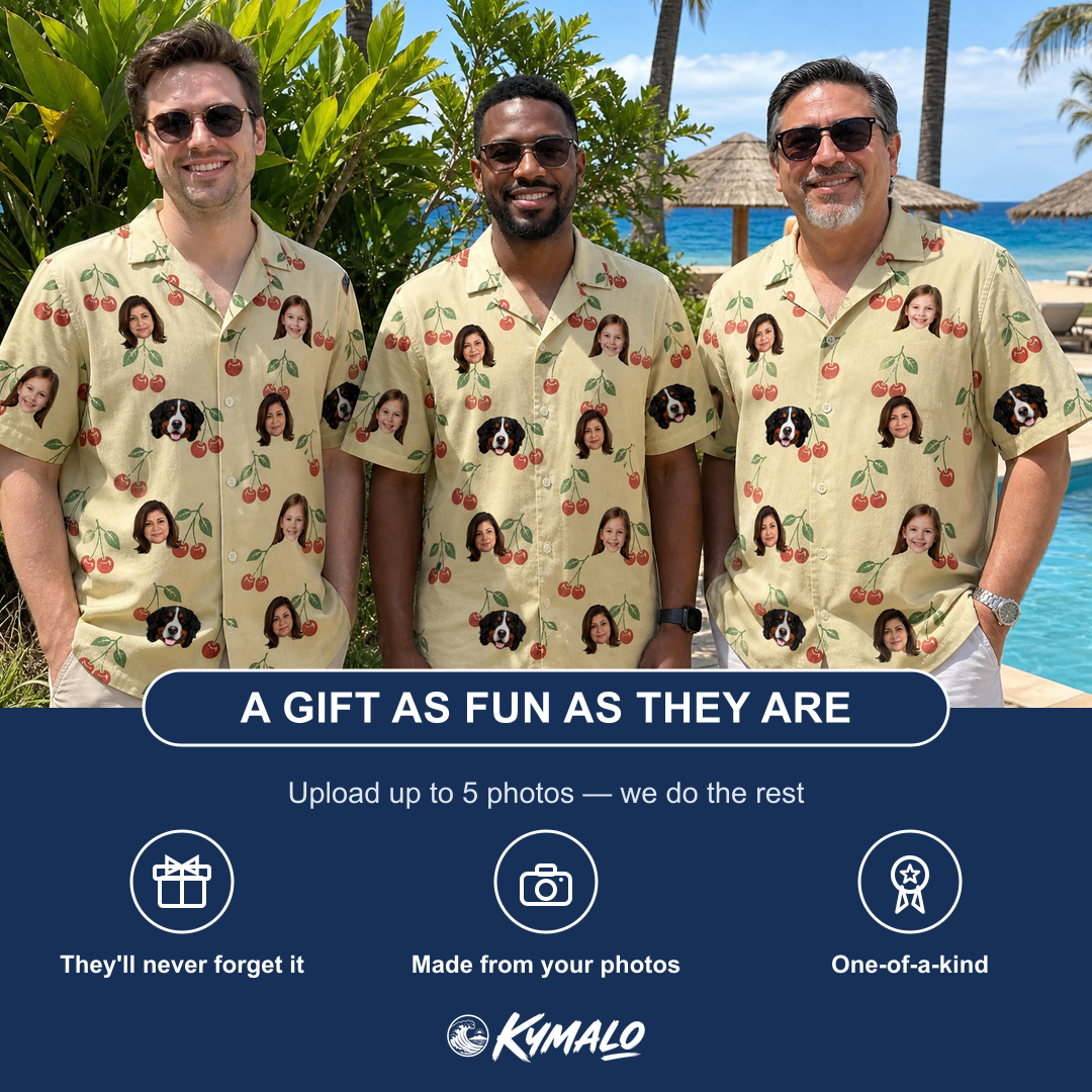 Friends in matching Men's Cherry Chomp Custom Face Hawaiian Shirt — a group gift photo