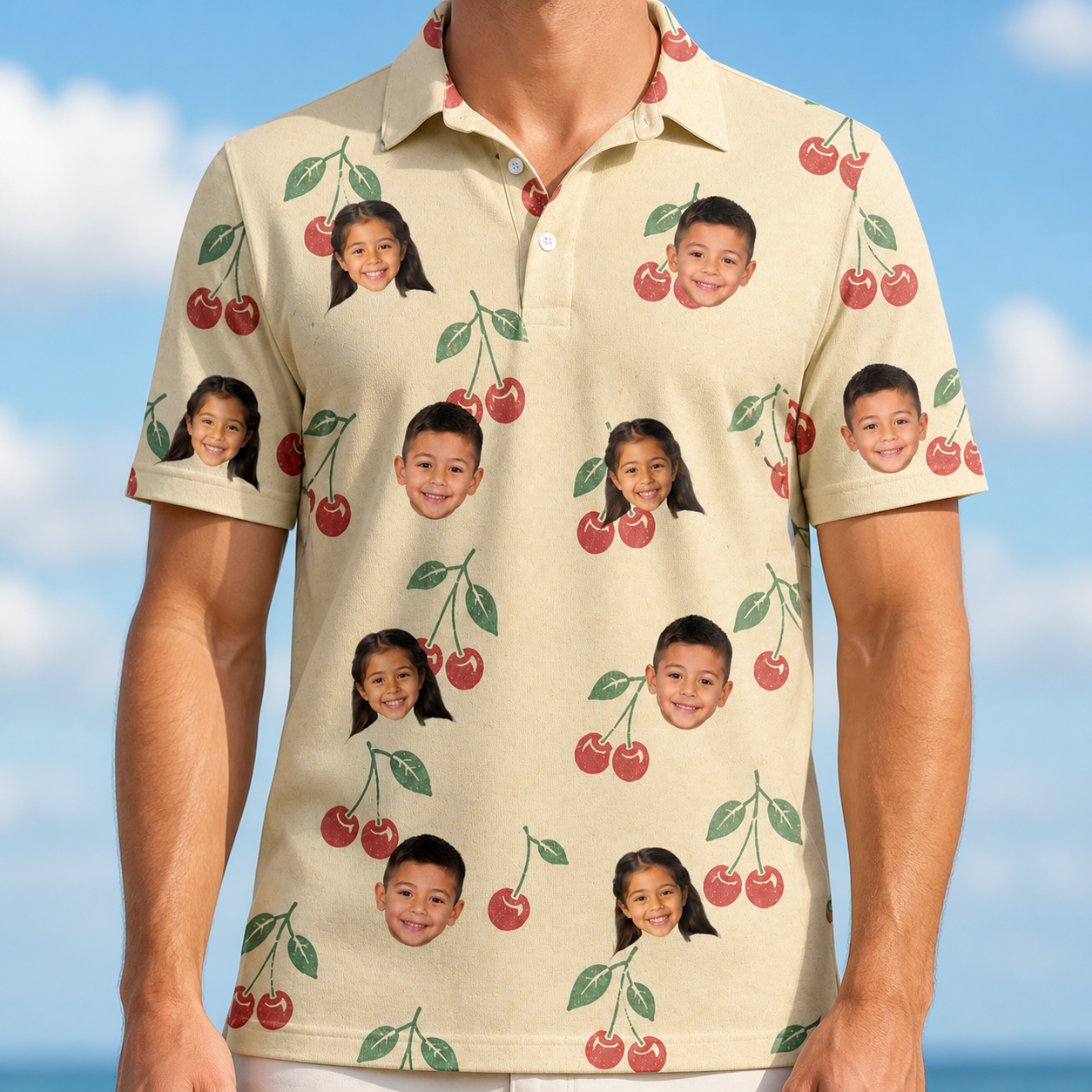 Model wearing Men's Cherry Chomp Custom Face Polo Shirt printed with kids' faces
