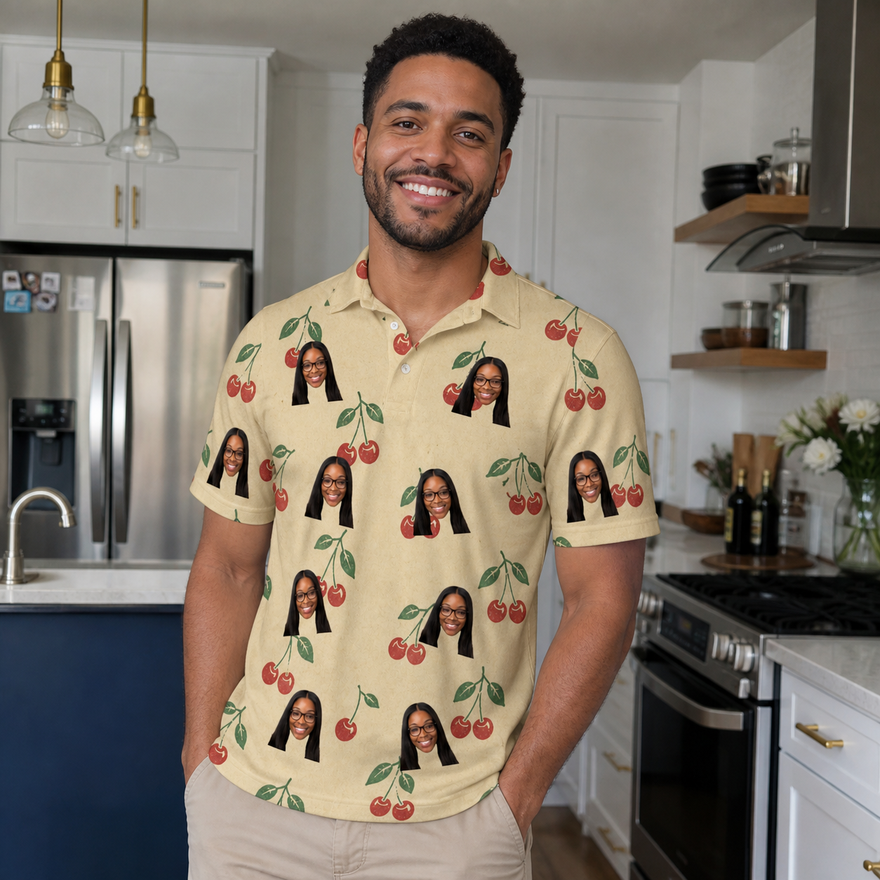 Real-life photo of someone wearing Men's Cherry Chomp Custom Face Polo Shirt — custom faces printed all-over