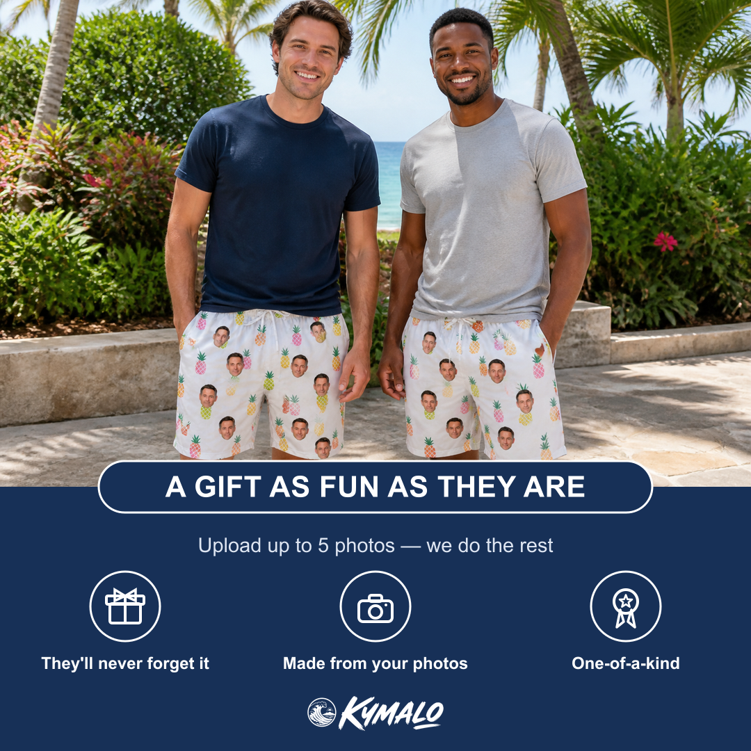 Friends in matching Men's Tangy Tresses Custom Face Beach Shorts — a group gift photo