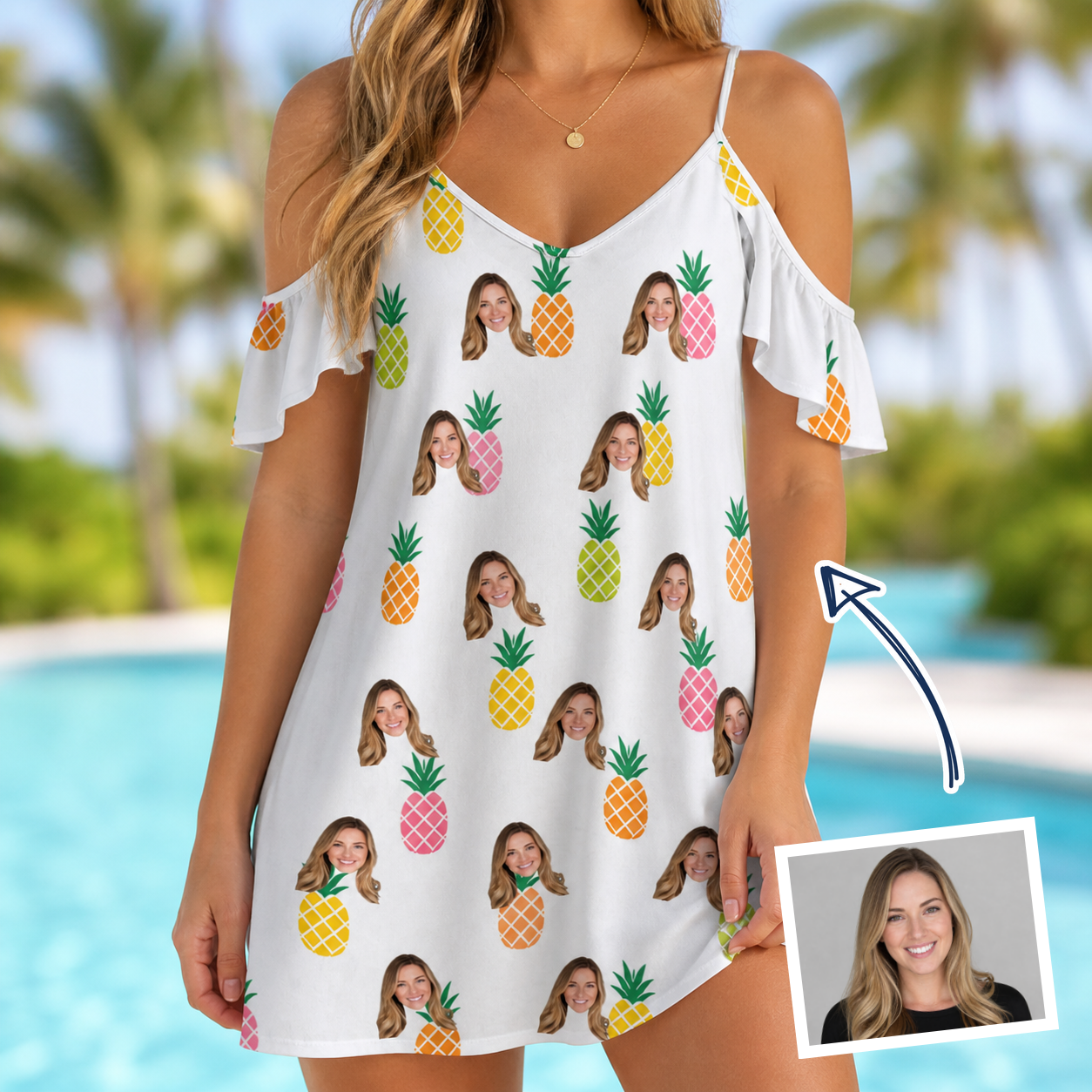 Woman wearing Women's Tangy Tresses Custom Face Off-Shoulder Dress — custom faces printed all-over