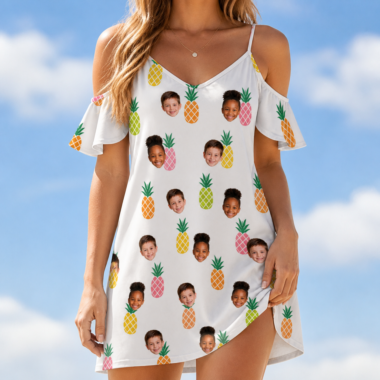 Model wearing Women's Tangy Tresses Custom Face Off-Shoulder Dress printed with kids' faces