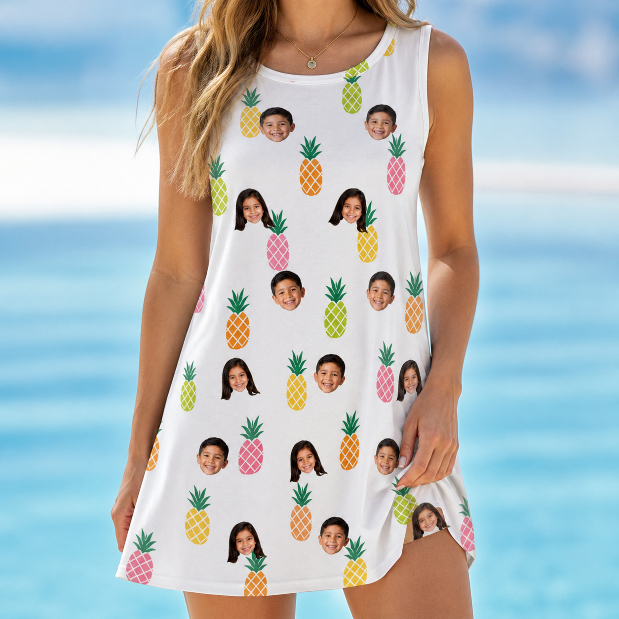 Model wearing Women's Tangy Tresses Custom Face Tank Dress printed with kids' faces