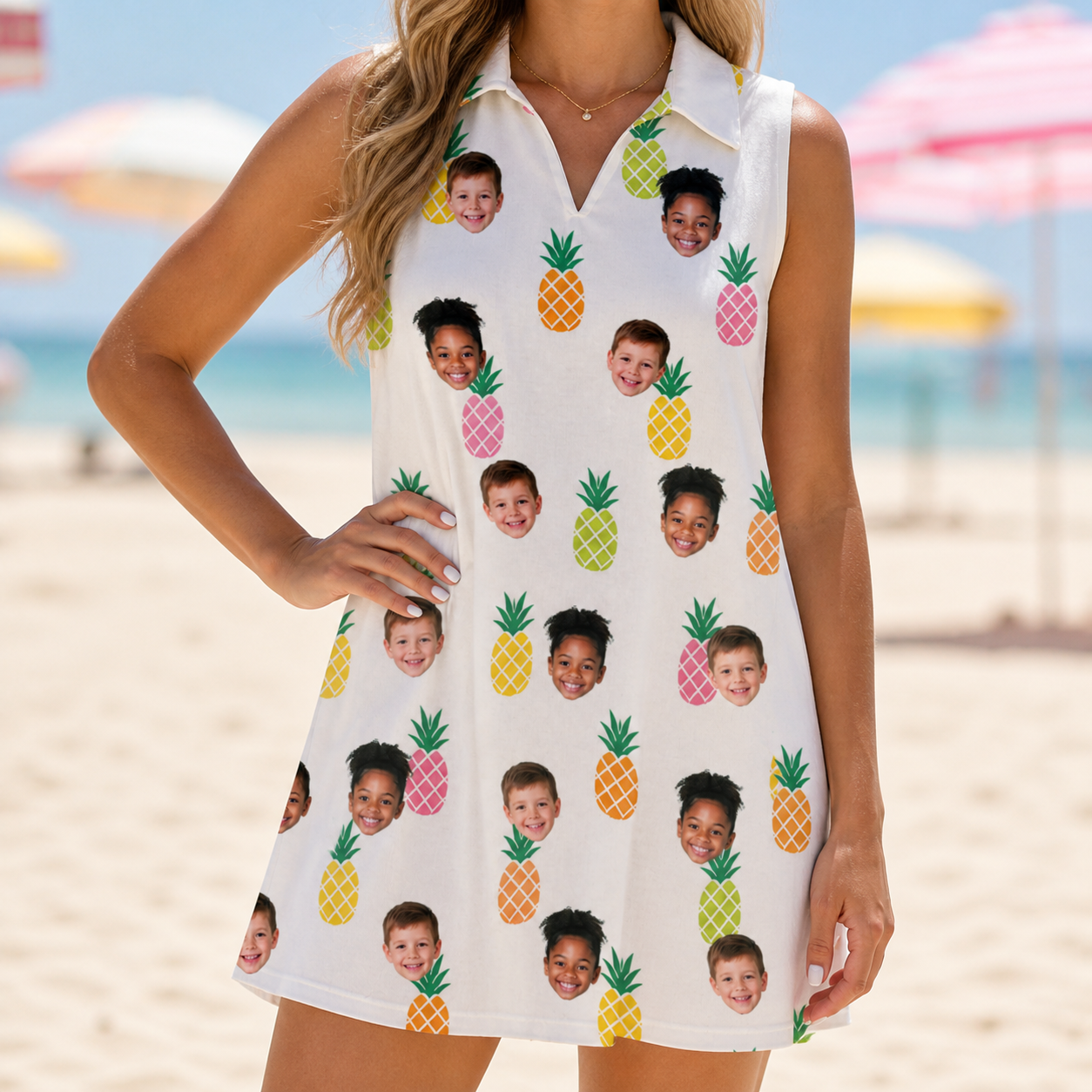 Model wearing Women's Tangy Tresses Custom Face V-Neck Dress printed with kids' faces