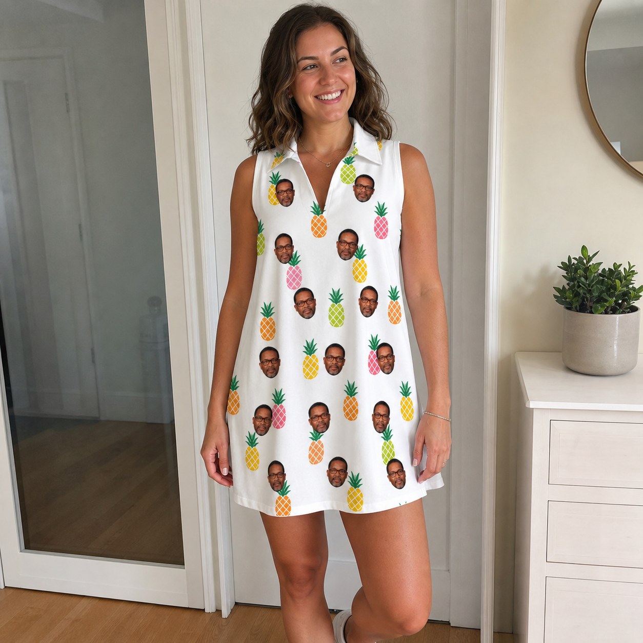 Real-life photo of someone wearing Women's Tangy Tresses Custom Face V-Neck Dress — custom faces printed all-over