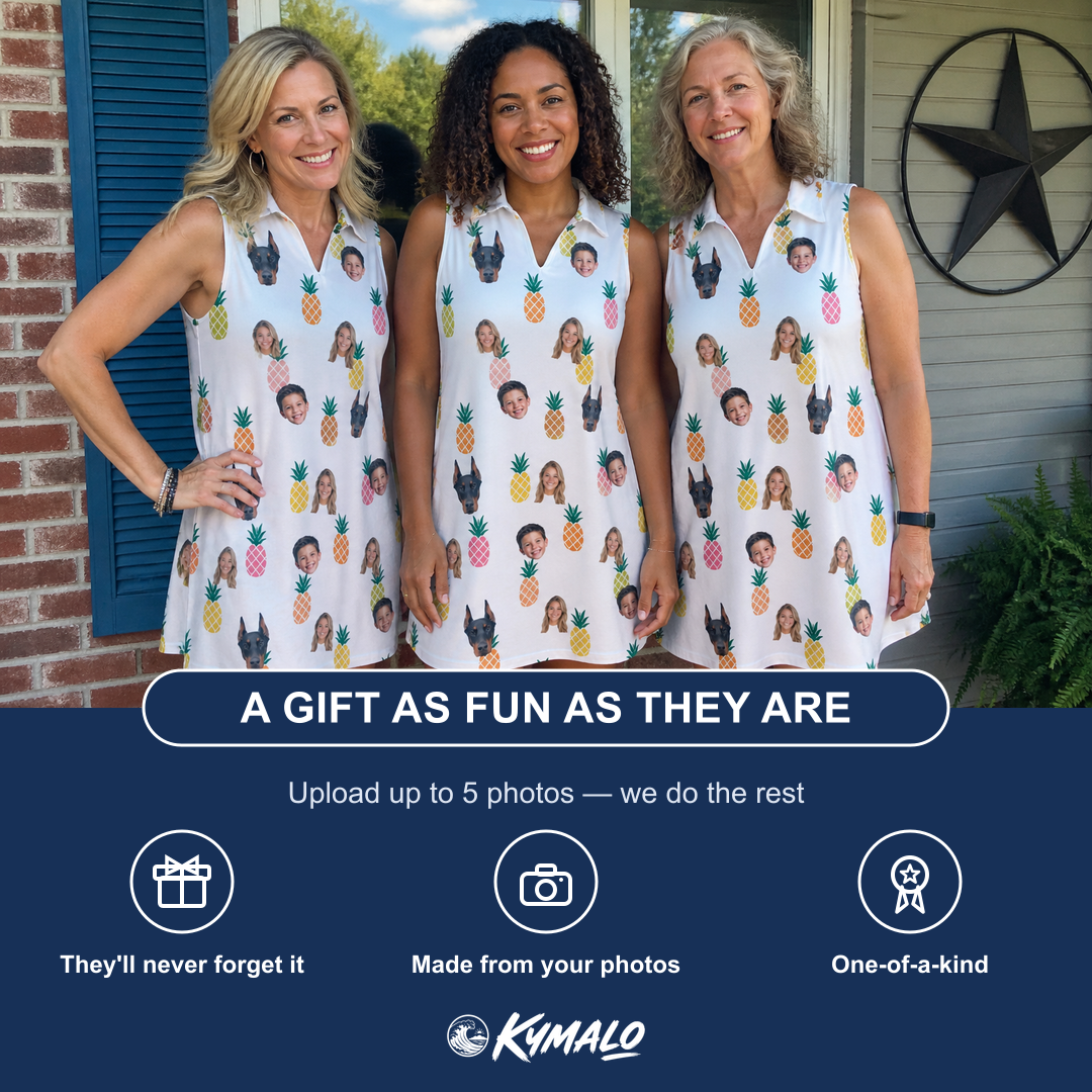 Friends in matching Women's Tangy Tresses Custom Face V-Neck Dress — a group gift photo