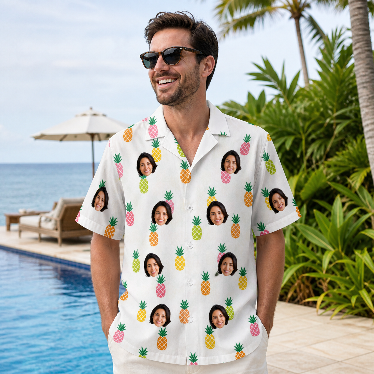 Real-life photo of someone wearing Men's Tangy Tresses Custom Face Hawaiian Shirt — custom faces printed all-over