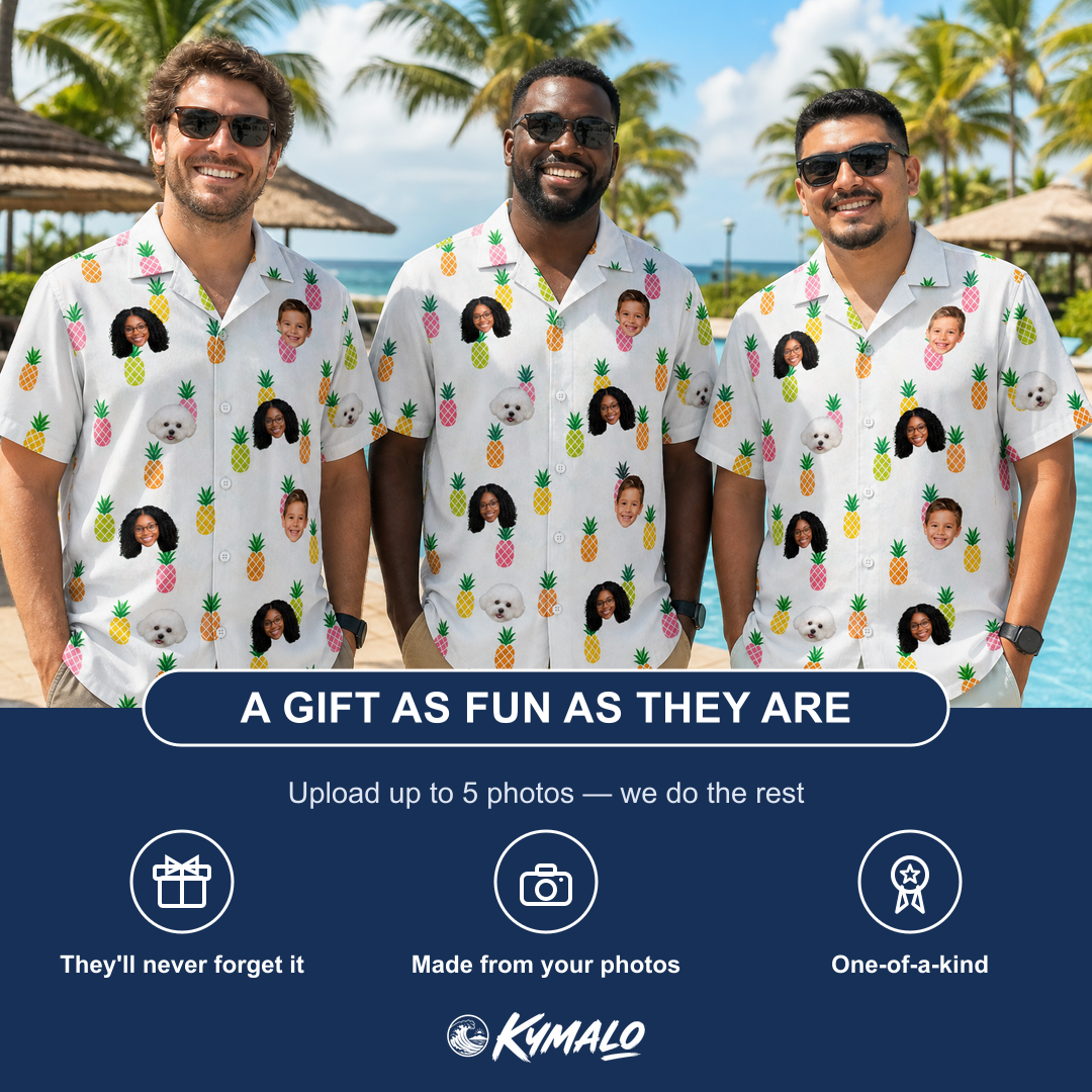 Friends in matching Men's Tangy Tresses Custom Face Hawaiian Shirt — a group gift photo