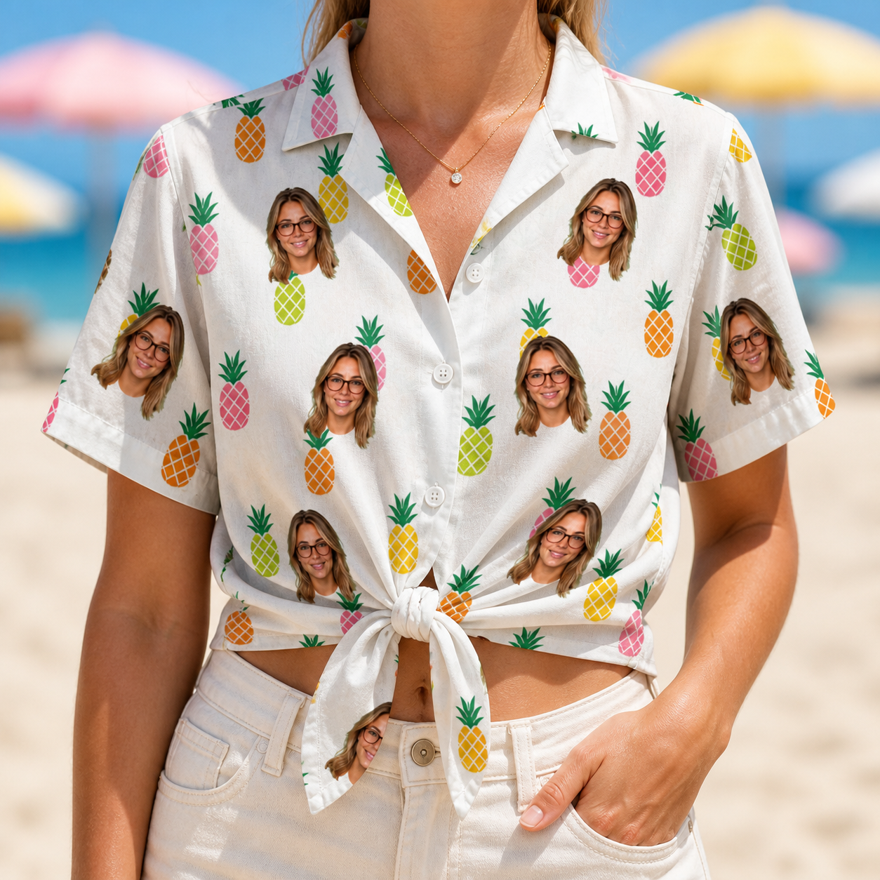 Woman wearing Women's Tangy Tresses Custom Face Hawaiian Shirt tied at the waist