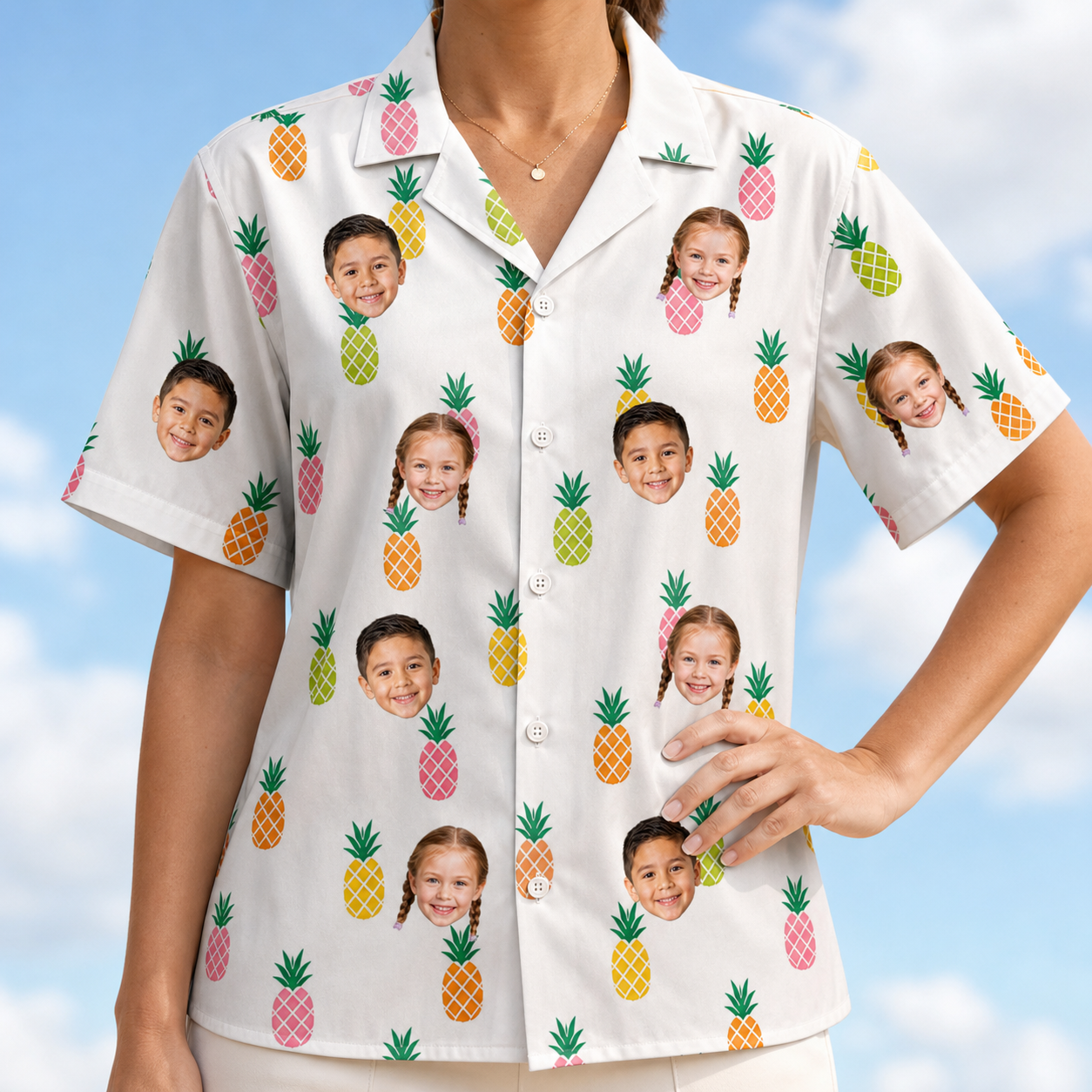 Model wearing Women's Tangy Tresses Custom Face Hawaiian Shirt printed with kids' faces