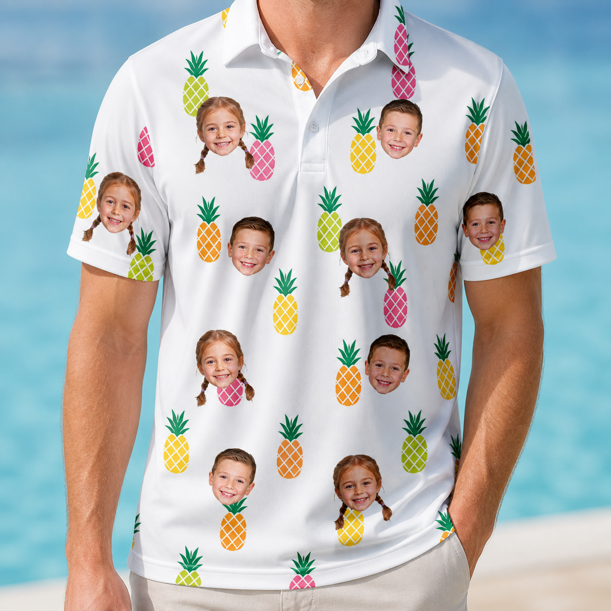 Model wearing Men's Tangy Tresses Custom Face Polo Shirt printed with kids' faces