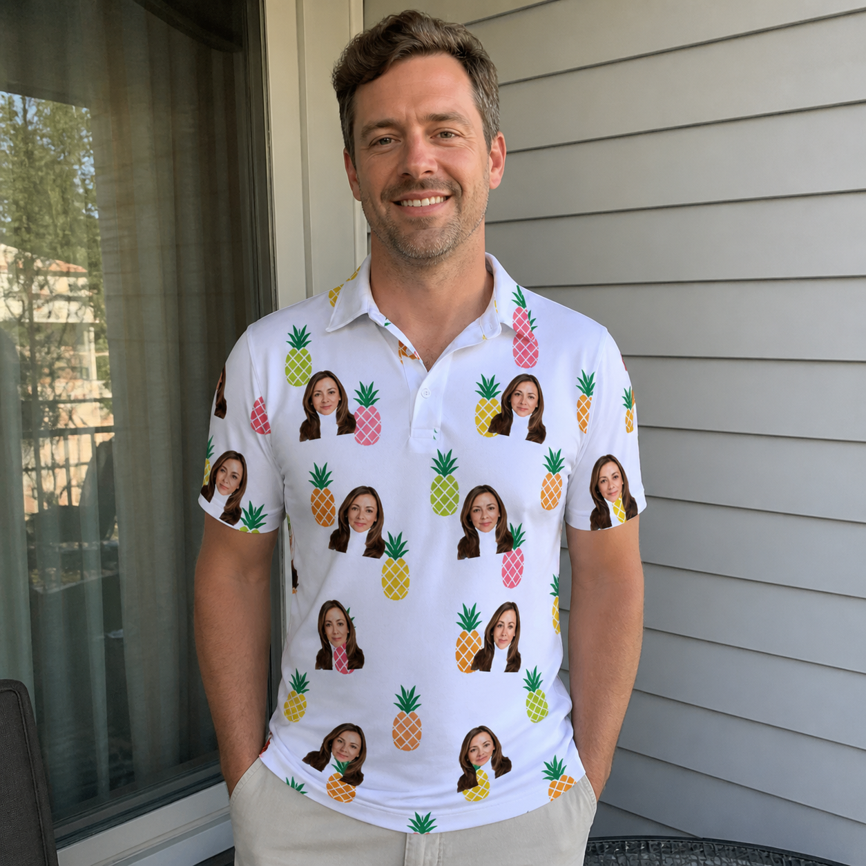 Real-life photo of someone wearing Men's Tangy Tresses Custom Face Polo Shirt — custom faces printed all-over