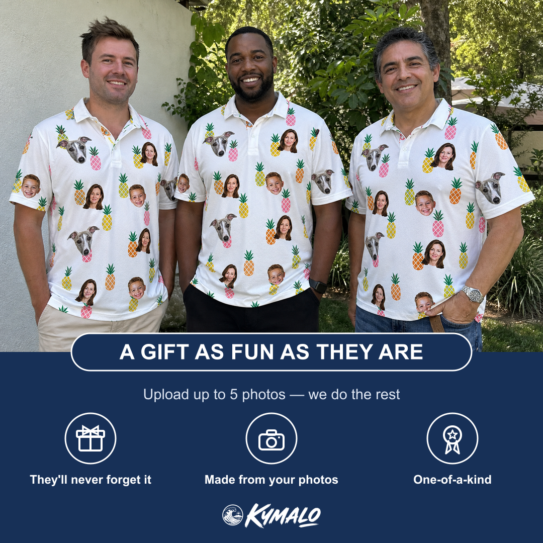 Friends in matching Men's Tangy Tresses Custom Face Polo Shirt — a group gift photo