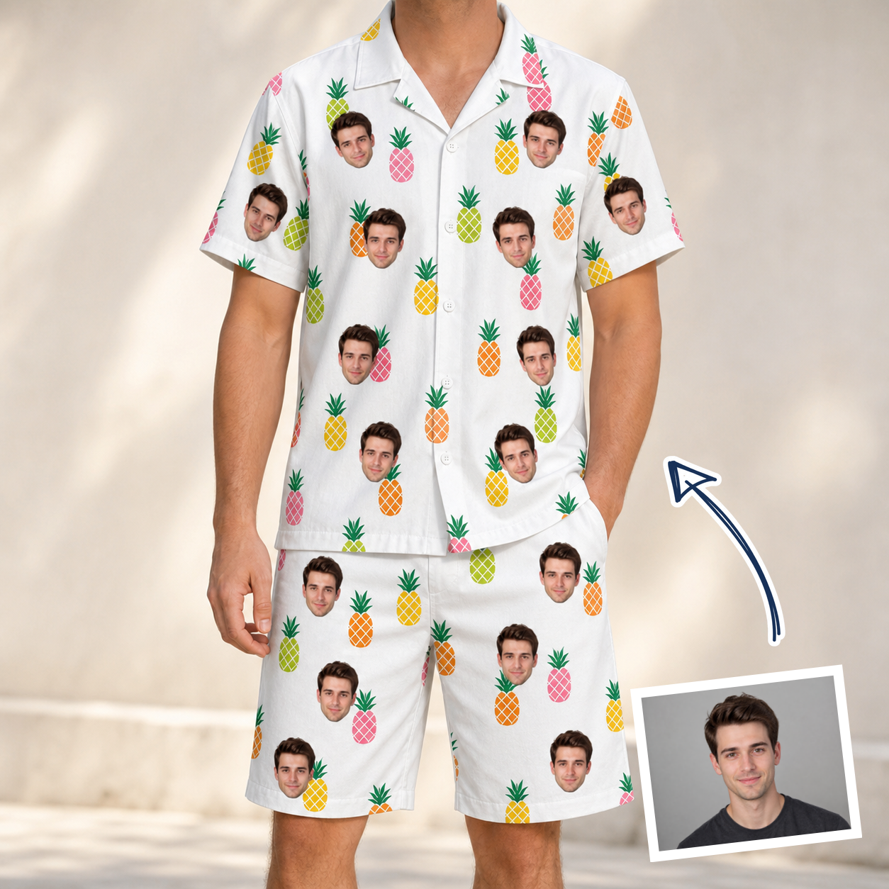 Man wearing Men's Tangy Tresses Custom Face Shirt & Shorts Set — custom faces printed all-over