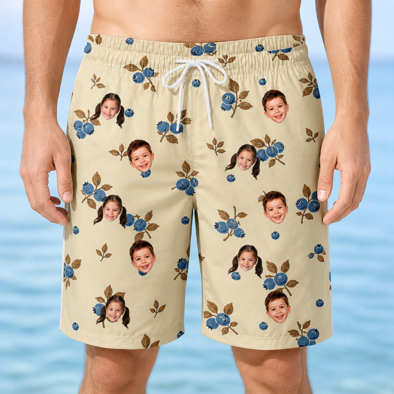 Model wearing Men's Cobalt Cobblers Custom Face Beach Shorts printed with kids' faces