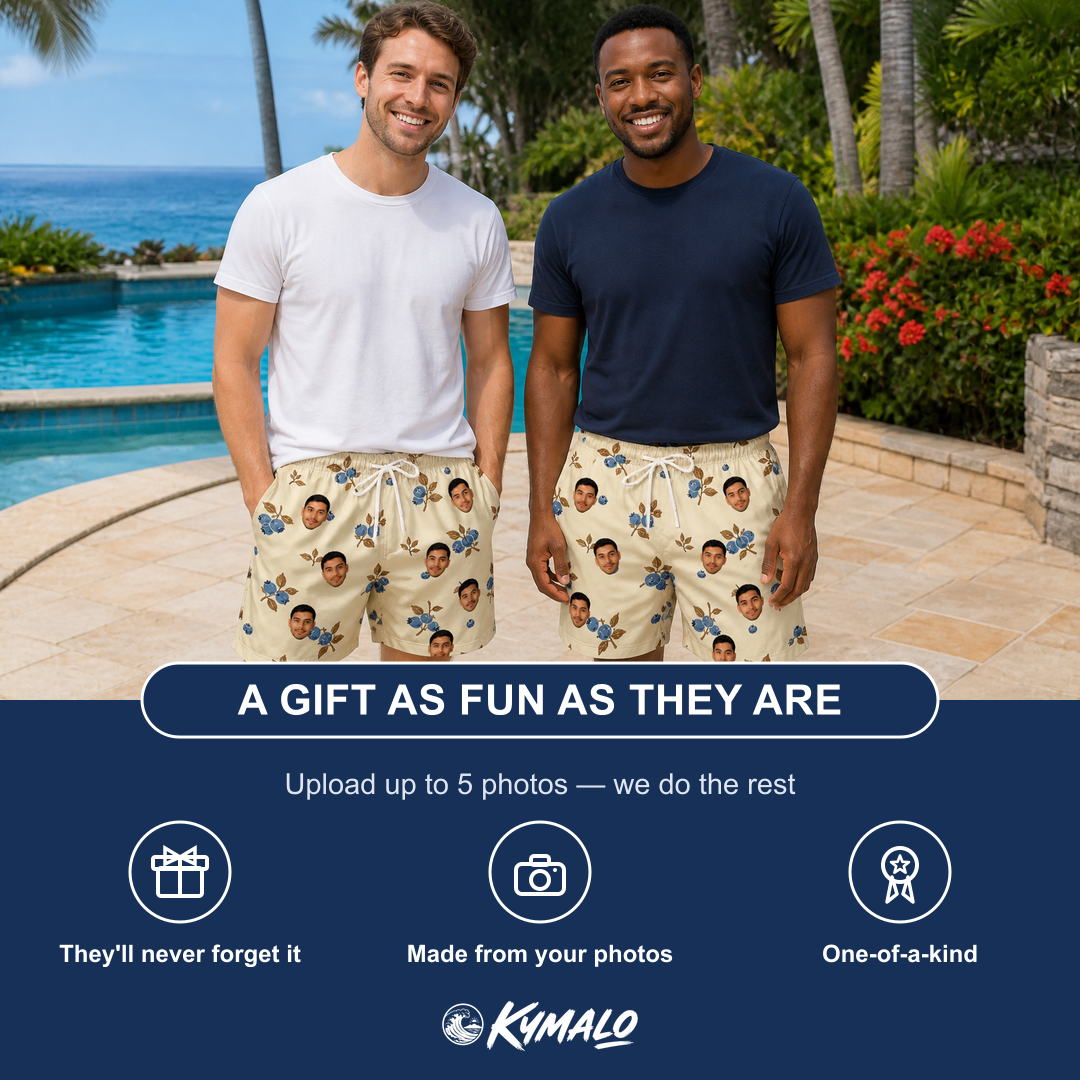 Friends in matching Men's Cobalt Cobblers Custom Face Beach Shorts — a group gift photo