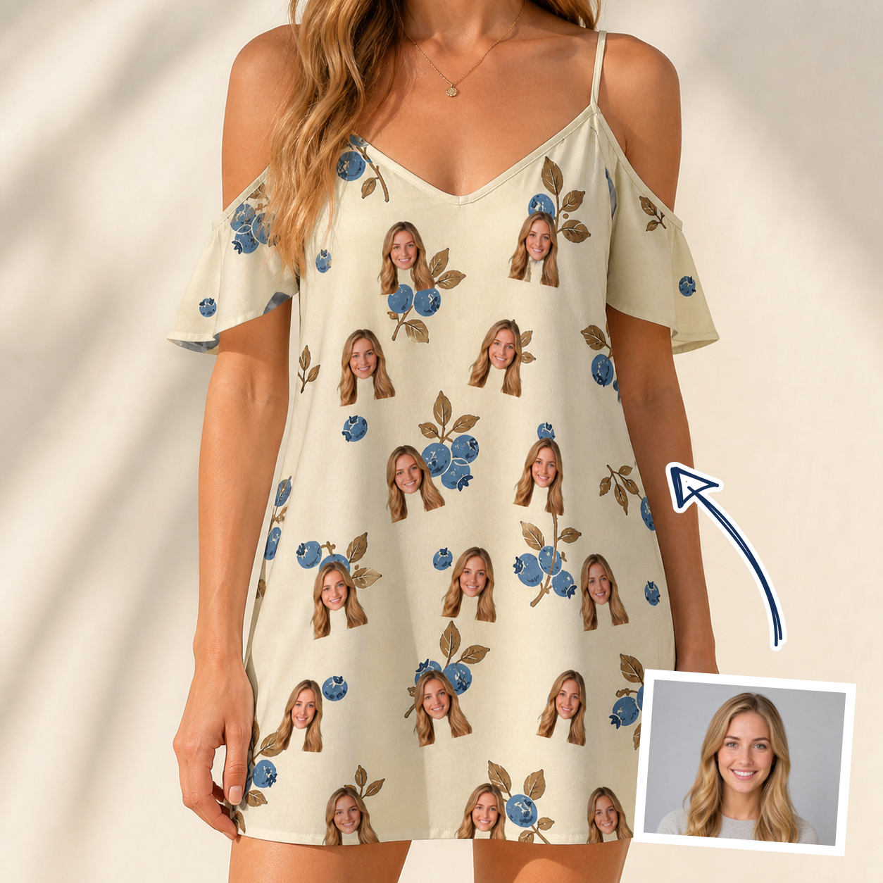 Woman wearing Women's Cobalt Cobblers Custom Face Off-Shoulder Dress — custom faces printed all-over