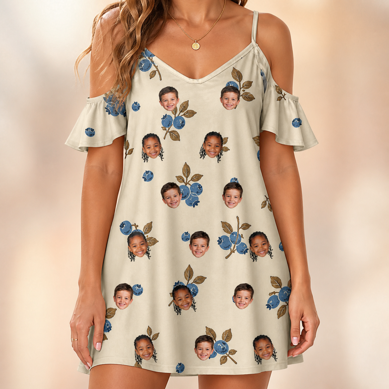 Model wearing Women's Cobalt Cobblers Custom Face Off-Shoulder Dress printed with kids' faces