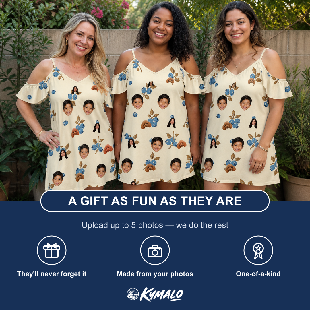 Friends in matching Women's Cobalt Cobblers Custom Face Off-Shoulder Dress — a group gift photo