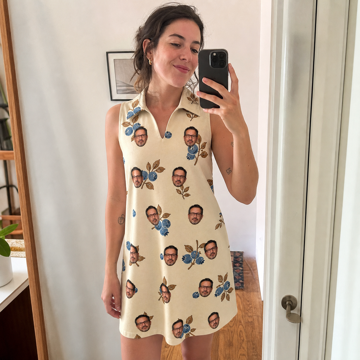 Real-life photo of someone wearing Women's Cobalt Cobblers Custom Face V-Neck Dress — custom faces printed all-over
