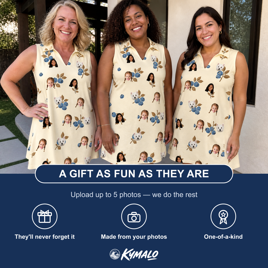 Friends in matching Women's Cobalt Cobblers Custom Face V-Neck Dress — a group gift photo